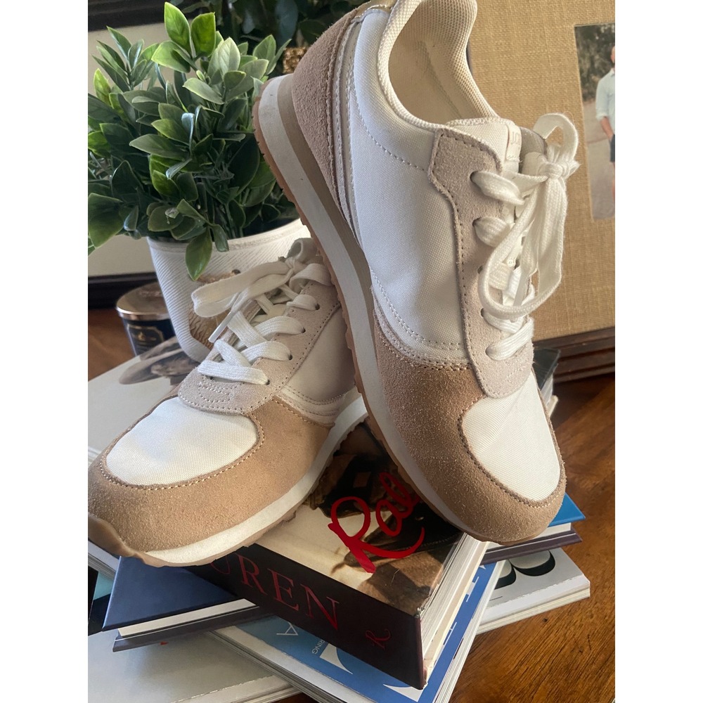 J.Crew‎ Trainers White Tan Suede Nylon Metallic Gold Heel Sneakers Womens 9